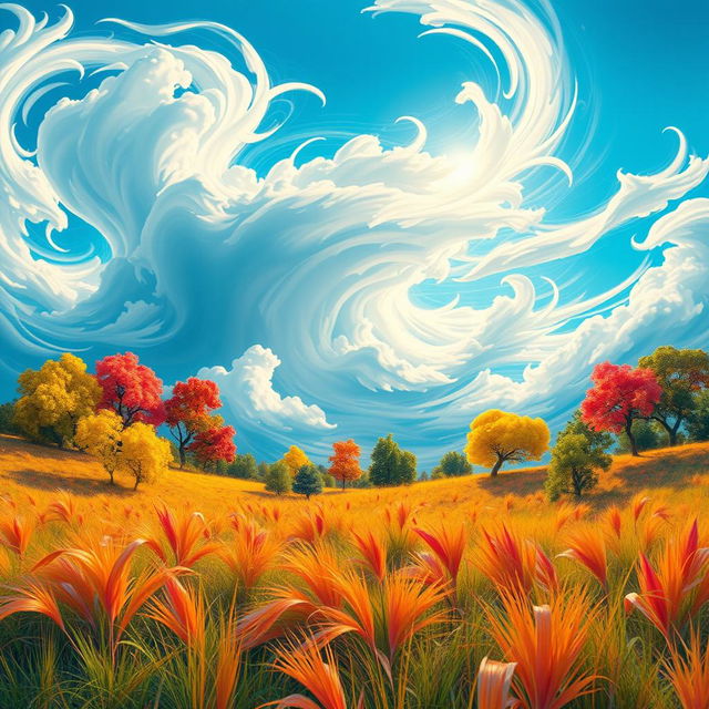 An abstract representation of a strong wind blowing through a vibrant landscape