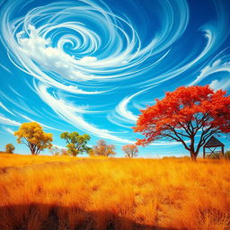 An abstract representation of a strong wind blowing through a vibrant landscape