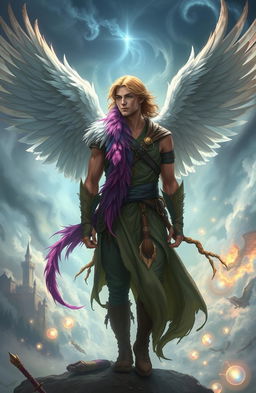 The Feather Keeper, a breathtaking character who is half angel and half man, is depicted in a mystical landscape filled with swirling clouds and ethereal light