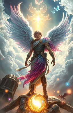 The Feather Keeper, a breathtaking character who is half angel and half man, is depicted in a mystical landscape filled with swirling clouds and ethereal light