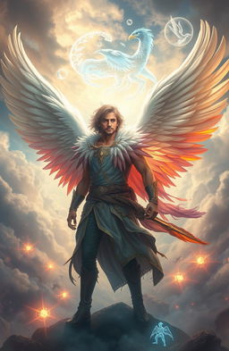 The Feather Keeper, a breathtaking character who is half angel and half man, is depicted in a mystical landscape filled with swirling clouds and ethereal light