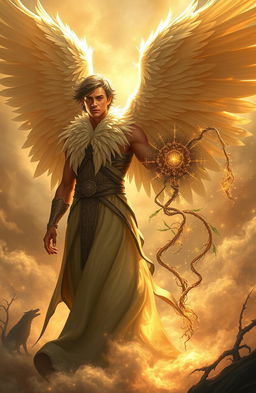 The Feather Keeper, a magnificent figure that is half angel and half man, stands in a mystical realm filled with swirling ethereal clouds and soft golden light