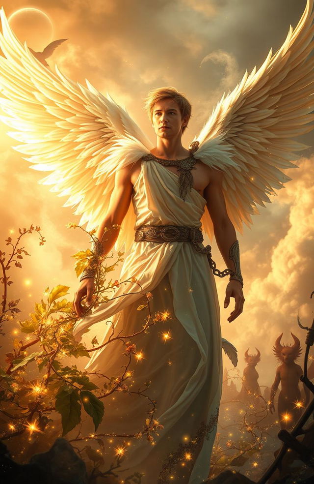 The Feather Keeper, a magnificent figure that is half angel and half man, stands in a mystical realm filled with swirling ethereal clouds and soft golden light