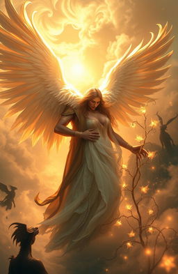 The Feather Keeper, a magnificent figure that is half angel and half man, stands in a mystical realm filled with swirling ethereal clouds and soft golden light