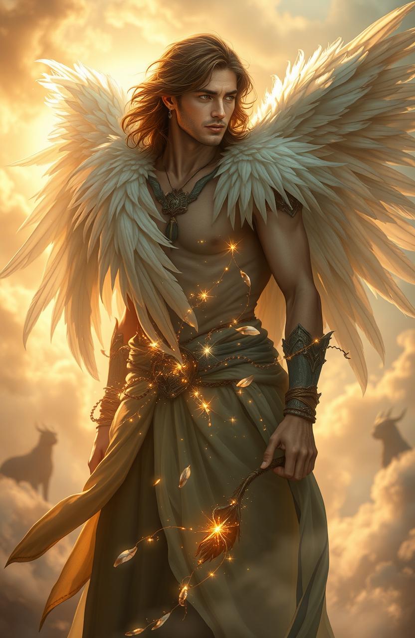 The Feather Keeper, a magnificent figure that is half angel and half man, stands in a mystical realm filled with swirling ethereal clouds and soft golden light