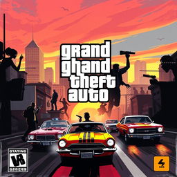 A creative and artistic interpretation of the cover design for the video game Grand Theft Auto (GTA), featuring iconic elements such as a vibrant city skyline, various character silhouettes in dynamic poses, classic cars racing through the streets, and a dramatic sunset sky