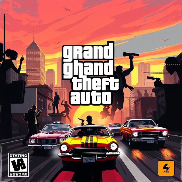 A creative and artistic interpretation of the cover design for the video game Grand Theft Auto (GTA), featuring iconic elements such as a vibrant city skyline, various character silhouettes in dynamic poses, classic cars racing through the streets, and a dramatic sunset sky