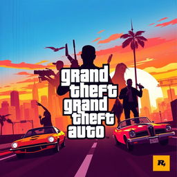 A creative and artistic interpretation of the cover design for the video game Grand Theft Auto (GTA), featuring iconic elements such as a vibrant city skyline, various character silhouettes in dynamic poses, classic cars racing through the streets, and a dramatic sunset sky