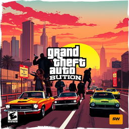 A creative and artistic interpretation of the cover design for the video game Grand Theft Auto (GTA), featuring iconic elements such as a vibrant city skyline, various character silhouettes in dynamic poses, classic cars racing through the streets, and a dramatic sunset sky