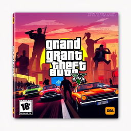 A creative and artistic interpretation of the cover design for the video game Grand Theft Auto (GTA), featuring iconic elements such as a vibrant city skyline, various character silhouettes in dynamic poses, classic cars racing through the streets, and a dramatic sunset sky