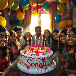 A beautifully decorated birthday cake for Sonali, adorned with colorful icing, fresh flowers, and playful candles
