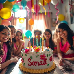A beautifully decorated birthday cake for Sonali, adorned with colorful icing, fresh flowers, and playful candles