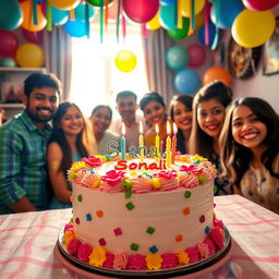 A beautifully decorated birthday cake for Sonali, adorned with colorful icing, fresh flowers, and playful candles