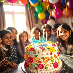 A beautifully decorated birthday cake for Sonali, adorned with colorful icing, fresh flowers, and playful candles