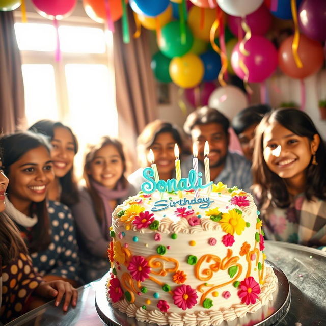 A beautifully decorated birthday cake for Sonali, adorned with colorful icing, fresh flowers, and playful candles