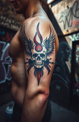 An intricate tattoo featuring the symbol of rebellion, artfully designed with sharp, bold lines and vibrant colors
