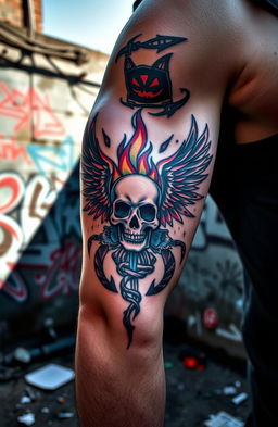 An intricate tattoo featuring the symbol of rebellion, artfully designed with sharp, bold lines and vibrant colors