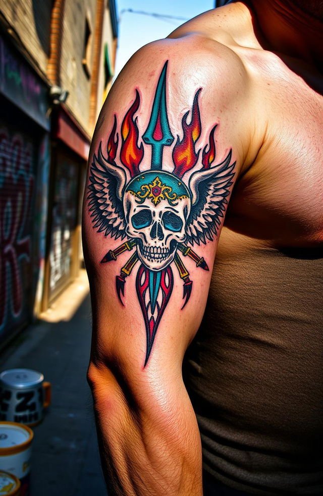 An intricate tattoo featuring the symbol of rebellion, artfully designed with sharp, bold lines and vibrant colors