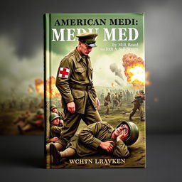A dramatic book cover illustrating an American medic during World War II, wearing a vintage military uniform with a red cross on the arm, standing in a battle scene