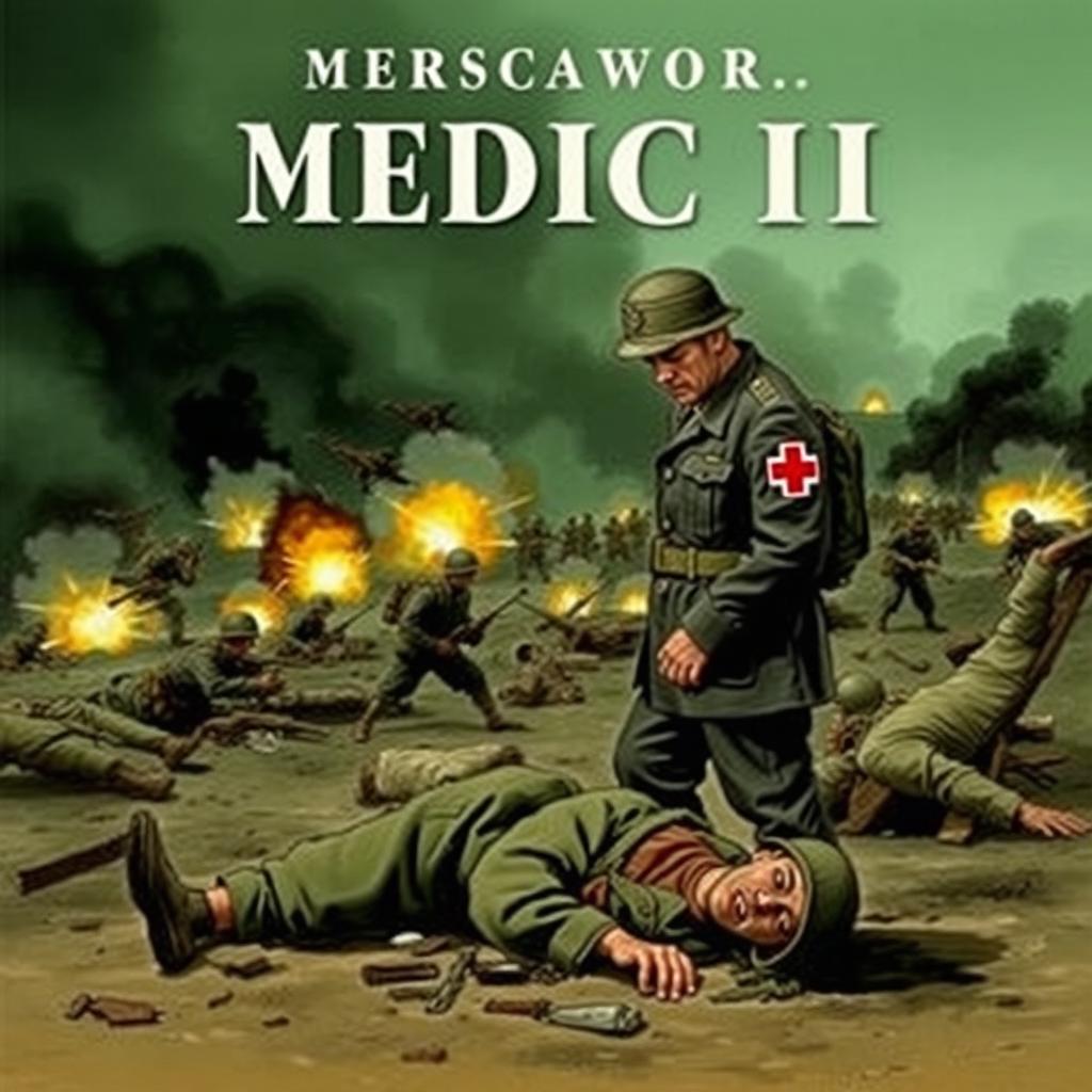 A dramatic book cover illustrating an American medic during World War II, wearing a vintage military uniform with a red cross on the arm, standing in a battle scene