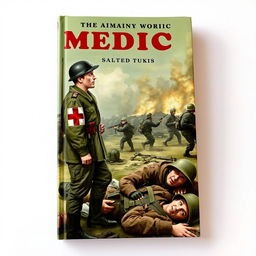A dramatic book cover illustrating an American medic during World War II, wearing a vintage military uniform with a red cross on the arm, standing in a battle scene