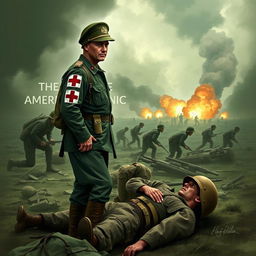 A dramatic book cover illustrating an American medic during World War II, wearing a vintage military uniform with a red cross on the arm, standing in a battle scene