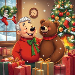 A heartwarming Christmas scene featuring grandparents, Adam and his beloved pet Grizzly Bear, joyfully celebrating the holiday season