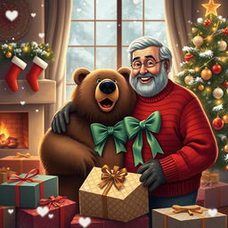 A heartwarming Christmas scene featuring grandparents, Adam and his beloved pet Grizzly Bear, joyfully celebrating the holiday season