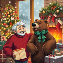 A heartwarming Christmas scene featuring grandparents, Adam and his beloved pet Grizzly Bear, joyfully celebrating the holiday season