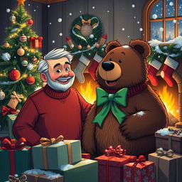 A heartwarming Christmas scene featuring grandparents, Adam and his beloved pet Grizzly Bear, joyfully celebrating the holiday season