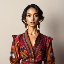 A stunning model showcasing a vibrant fashion ensemble in a front view position