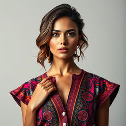 A stunning model showcasing a vibrant fashion ensemble in a front view position