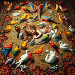 A beautiful and vibrant carpet featuring all the birds of the world, intricately woven into the design