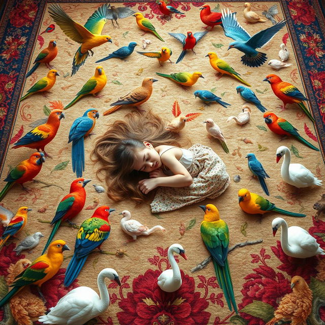 A beautiful and vibrant carpet featuring all the birds of the world, intricately woven into the design