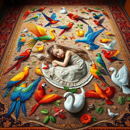 A beautiful and vibrant carpet featuring all the birds of the world, intricately woven into the design