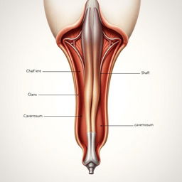 A detailed anatomical illustration of a human penis, showcasing the intricate structures, including the shaft, glans, and corpus cavernosum