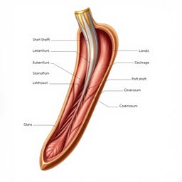 A detailed anatomical illustration of a human penis, showcasing the intricate structures, including the shaft, glans, and corpus cavernosum