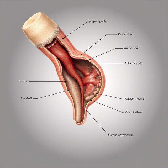 A detailed anatomical illustration of a human penis, showcasing the intricate structures, including the shaft, glans, and corpus cavernosum