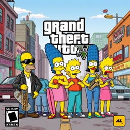 A vibrant and playful cover design for a Grand Theft Auto-style game featuring characters from The Simpsons