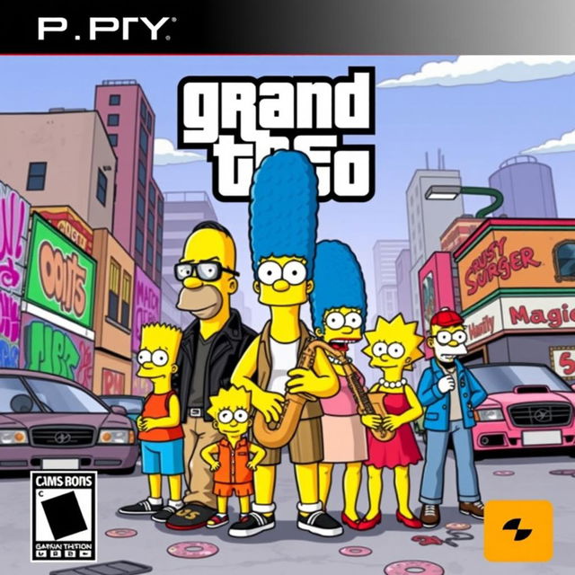 A vibrant and playful cover design for a Grand Theft Auto-style game featuring characters from The Simpsons