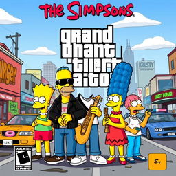 A vibrant and playful cover design for a Grand Theft Auto-style game featuring characters from The Simpsons