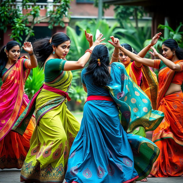 A dramatic scene featuring a group of strong women in colorful sarees in an epic martial arts showdown