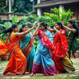 A dramatic scene featuring a group of strong women in colorful sarees in an epic martial arts showdown