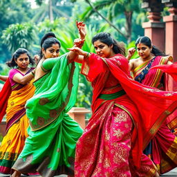 A dramatic scene featuring a group of strong women in colorful sarees in an epic martial arts showdown