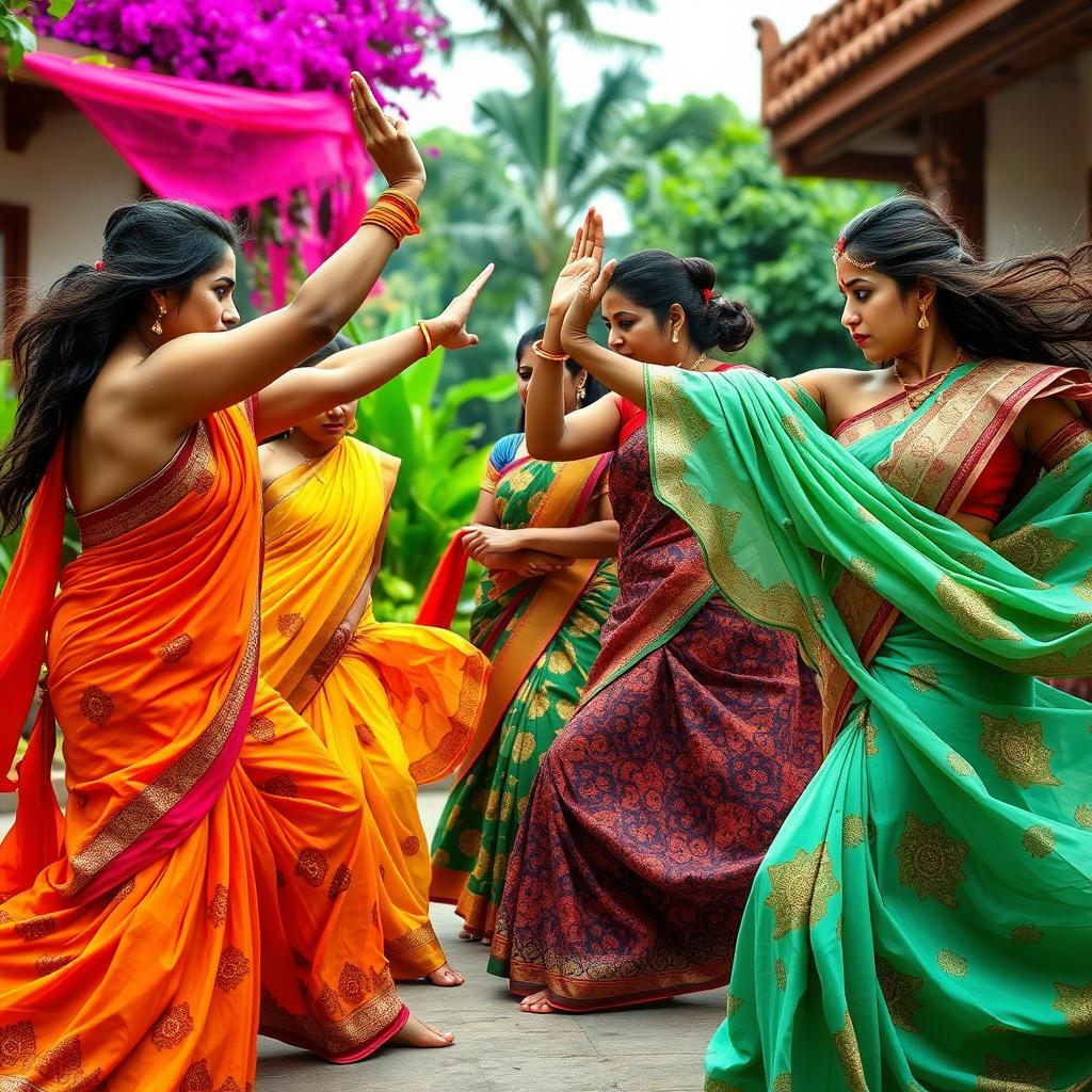 A dramatic scene featuring a group of strong women in colorful sarees in an epic martial arts showdown