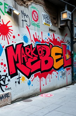 A vibrant, dynamic graffiti mural featuring the words 'Mark of Rebel' in bold, rebellious lettering
