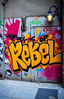 A vibrant, dynamic graffiti mural featuring the words 'Mark of Rebel' in bold, rebellious lettering