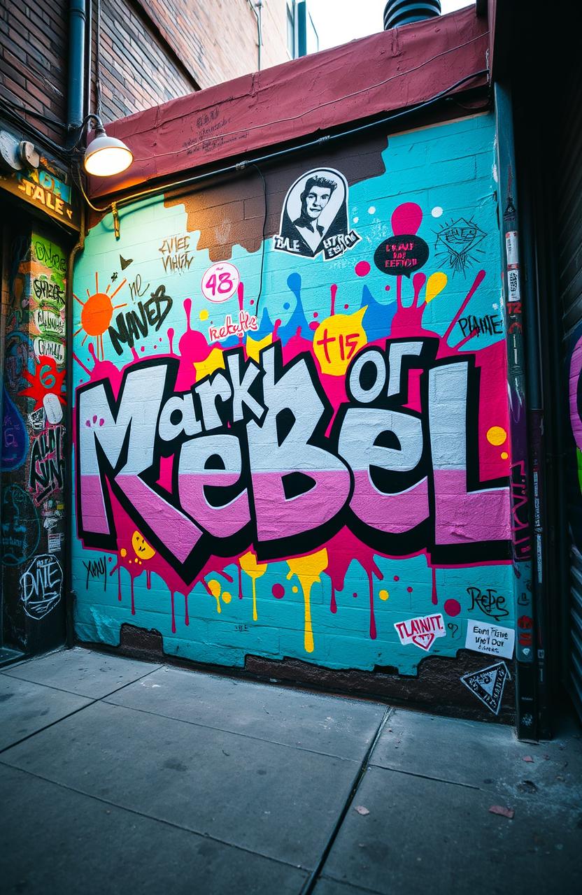 A vibrant, dynamic graffiti mural featuring the words 'Mark of Rebel' in bold, rebellious lettering
