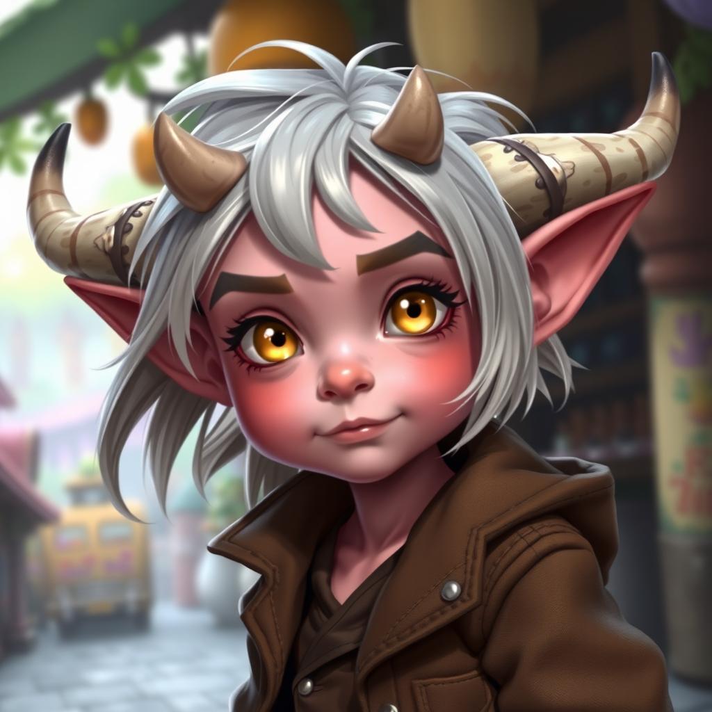 A young Tiefling character with pink skin, wearing a stylish brown jacket