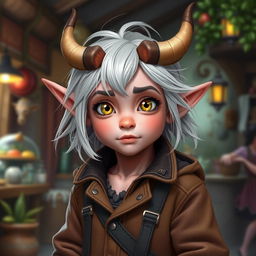 A young Tiefling character with pink skin, wearing a stylish brown jacket